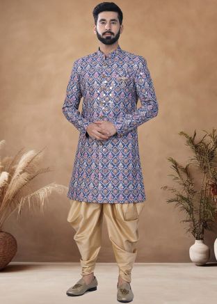 Blue Readymade Embroidered Men Indowestern Sherwani With Dhoti In Cotton