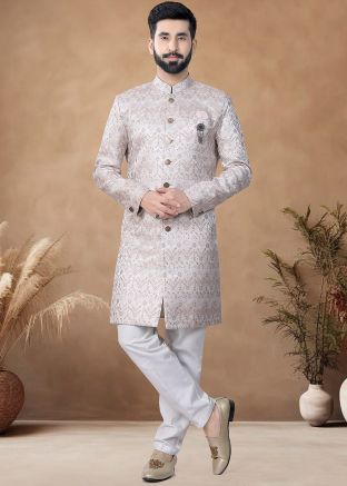 Cream Readymade Woven Men Indowestern Jacquard Sherwani 