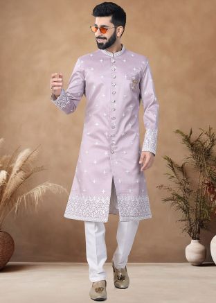 Pink Readymade Art Silk Men Sherwani In Thread Embroidery