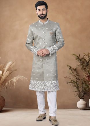 Sage Green Readymade Thread Embroidered Men Sherwani In Art Silk