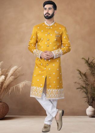 Yellow Thread Embroidered Readymade Art Silk Men Sherwani Set