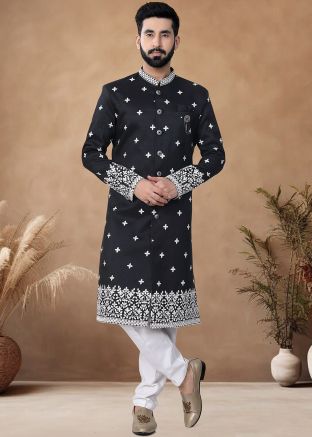 Black Thread Embroidered Readymade Art Silk Men Sherwani 