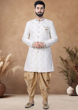 White Readymade Men Indowestern Sherwani With Dhoti In Jacquard