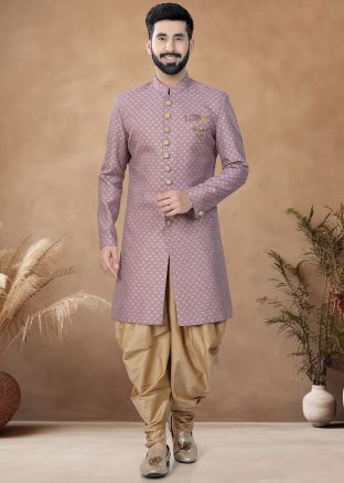 Onion Pink Readymade Woven Men Indowestern Sherwani With Dhoti