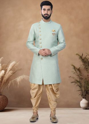 Pastel Green Readymade Men Indowestern Sherwani With Dhoti In Woven Work