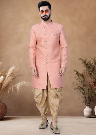 Peach Readymade Men Indowestern Sherwani With Dhoti In Jacquard