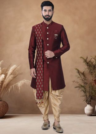 Maroon Woven Readymade Art Silk Men Indowestern Sherwani With Dhoti