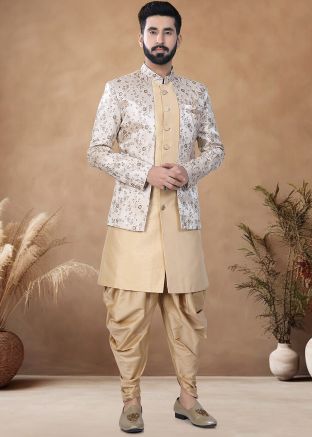 Cream Readymade Woven Men Indowestern Sherwani With Dhoti In Jacket Style