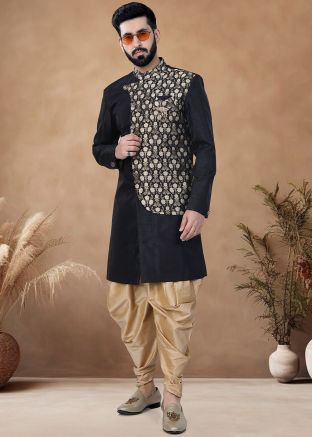 Black Readymade Men Woven Indowestern Sherwani With Dhoti IN art Silk