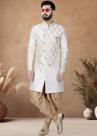 White Readymade Men Indowestern Sherwani With Dhoti In At silk