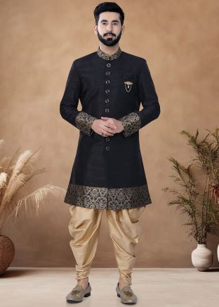 Black Readymade Men Art Silk Indowestern Sherwani With Dhoti 