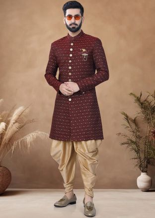 Maroon Embroidered Readymade Men Indowestern Sherwani With Dhoti