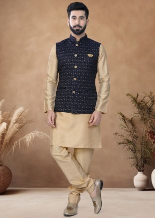 Golden Readymade Art Silk Men Indowestern Kurta Pajama With Nehru Jacket