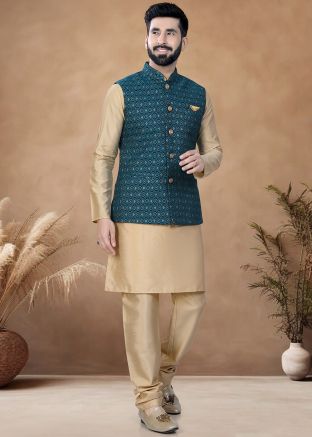 Golden Readymade Men Indowestern Kurta Pajama With Nehru Jacket In Art Silk