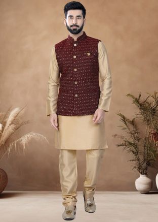 Golden Readymade Art Silk Men Indowestern Kurta Pajama With Nehru Jacket