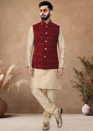 Golden Readymade Men Indowestern Kurta Pajama With Nehru Jacket In Art Silk