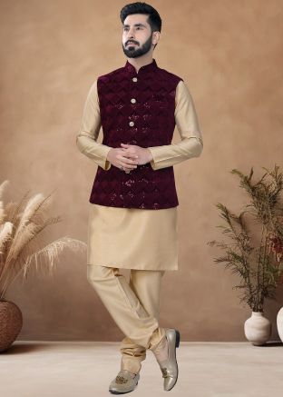 Golden Readymade Art Silk Men Indowestern Kurta Pajama With Nehru Jacket