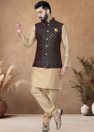 Golden Readymade Art Silk Men Indowestern Kurta Pajama With Nehru Jacket