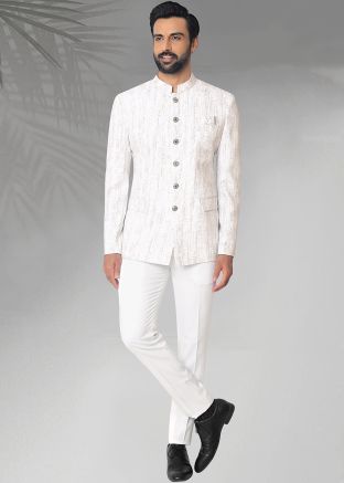 Readymade White Men Bandhgala Jodhpuri Suit