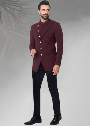 Wine Plain Men Bandhgala Jodhpuri Suit