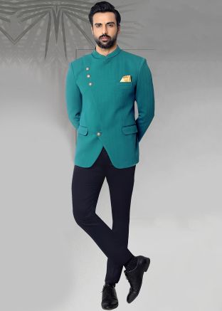 Teal Blue Plain Men Bandhgala Jodhpuri Suit