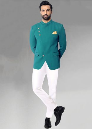 Teal Blue Plain Bandhgala Jodhpuri Suit For Men