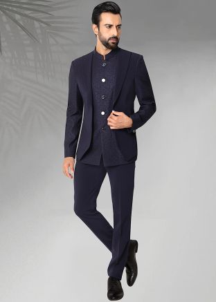 Readymade Navy Blue Men Bandhgala Jodhpuri Suit