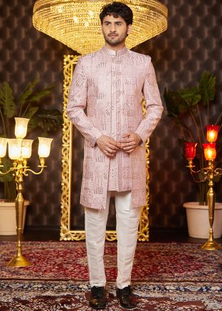 Pink Embroidered Art Silk Indo Western Sherwani