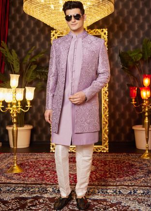Purple Embroidered Indo Western Sherwani With Jacket 