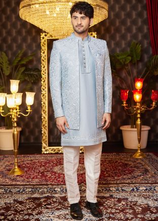Blue Embroidered Jacket Style Indo-Western Sherwani
