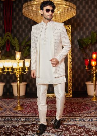 Cream Embroidered Indo Western Sherwani With Jacket
