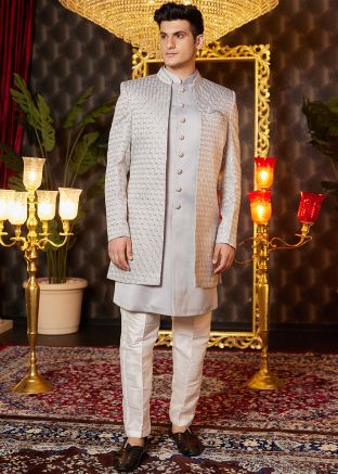 Grey Embroidered Indo Western Sherwani With Jacket