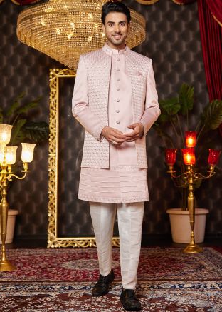 Pink Embroidered Indo Western Sherwani In Art Silk