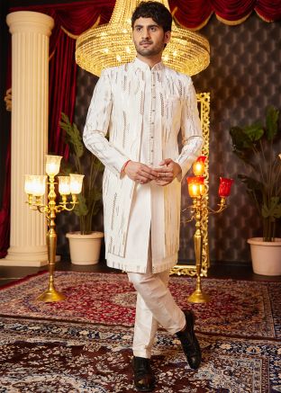 Cream Embroidered Indo Western Sherwani With Jacket