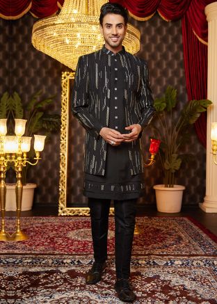 Black Embroidered Indo-Western Sherwani With Jacket