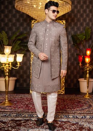 Brown Embroidered Jacket Style Indowestern Sherwani