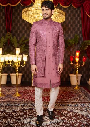Pink Embroidered Indo Western Sherwani In Art Silk