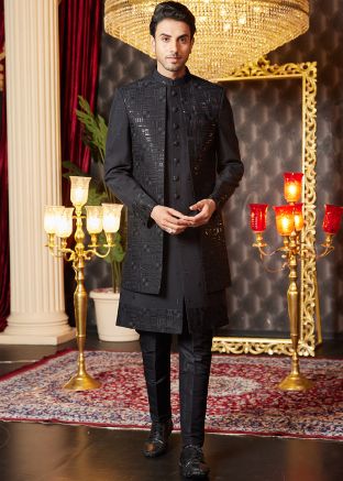 Black Embroidered Indo-Western Sherwani With Jacket