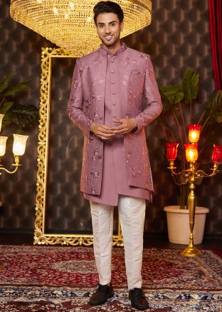 Pink Embroidered Indo Western Sherwani In Art Silk