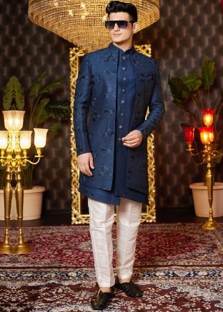 Blue Embroidered Jacket Style Indo-Western Sherwani