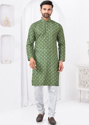 Green Digital Print Men Kurta Pajama