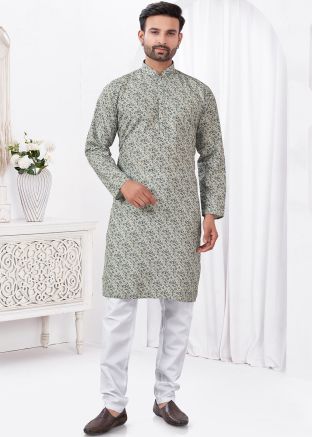 Grey Men Kurta Pajama In Floral Print