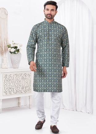 Grey Men Kurta Pajama In Digtal Print