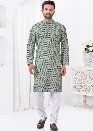 Grey Cotton Kurta Pajama In Digital Print