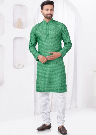 Green Digital Print Men Kurta Pajama