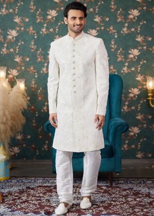 Off-White Embroidered Sherwani In Art Silk