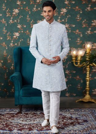 Blue Sequins Embroidered Sherwani In Art Silk