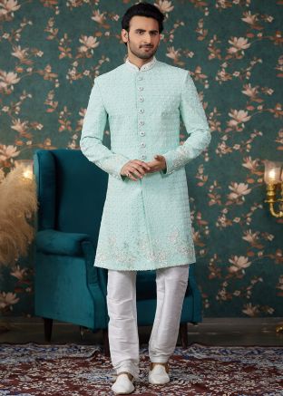 Blue Stone Work Sherwani In Art Silk