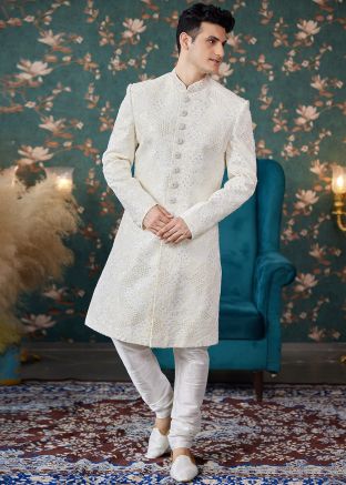 White Embroidered Sherwani In Art Silk