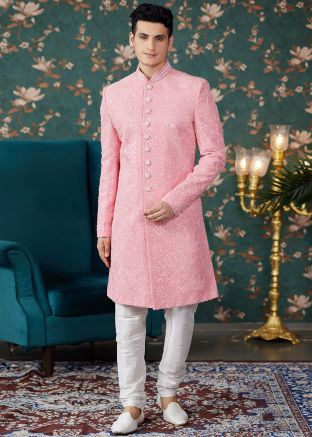 Pink Beads Work Sherwani In Art Silk